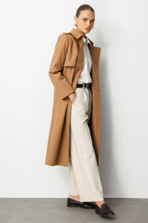 Mizalle Camel  Apoletli Klasik Maxi Mac Trençkot