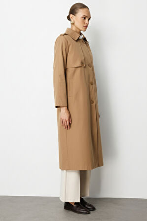 Mizalle Camel  Apoletli Klasik Maxi Mac Trençkot