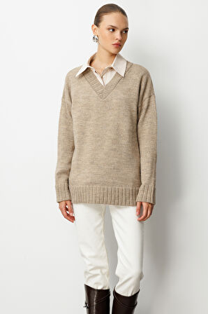 Mizalle V Yaka Oversize Bej Rengi Triko Kazak