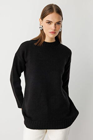 Mizalle Yuvarlak Yaka Oversize Siyah Triko Kazak