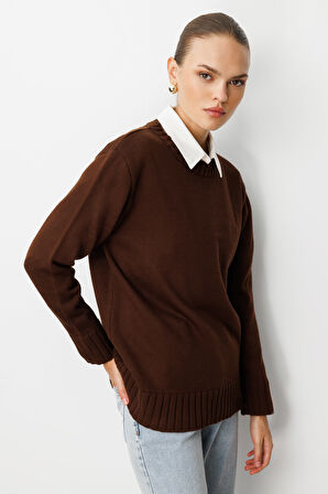 Mizalle Yuvarlak Yaka Oversize Kahverengi Triko Kazak
