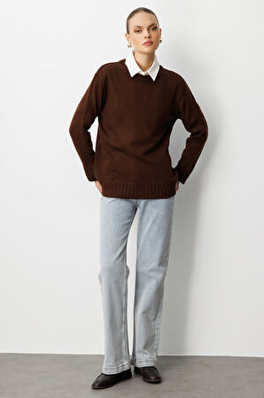 Mizalle Yuvarlak Yaka Oversize Kahverengi Triko Kazak