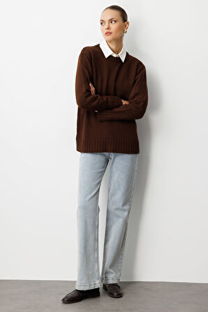 Mizalle Yuvarlak Yaka Oversize Kahverengi Triko Kazak