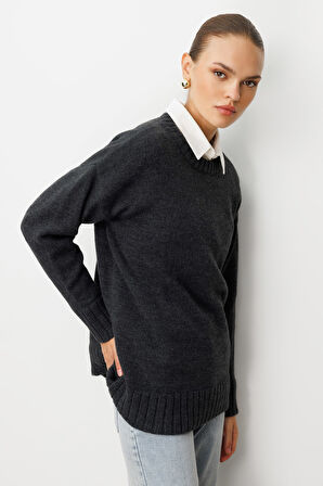 Mizalle Yuvarlak Yaka Oversize Antrasit Triko Kazak