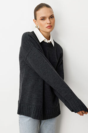 Mizalle Yuvarlak Yaka Oversize Antrasit Triko Kazak