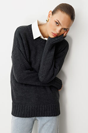 Mizalle Yuvarlak Yaka Oversize Antrasit Triko Kazak