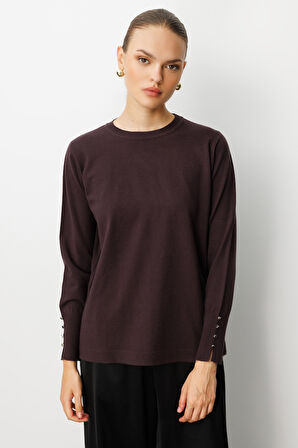 Mizalle Kol Düğmeli Kahverengi Yuvarlak Yaka İnce Triko Kazak