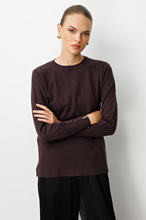 Mizalle Kol Düğmeli Kahverengi Yuvarlak Yaka İnce Triko Kazak