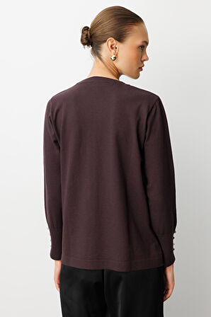 Mizalle Kol Düğmeli Kahverengi Yuvarlak Yaka İnce Triko Kazak