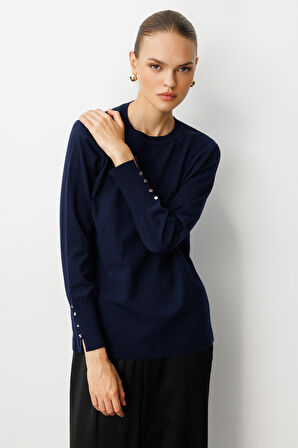 Mizalle Kol Düğmeli Lacivert Yuvarlak Yaka İnce Triko Kazak