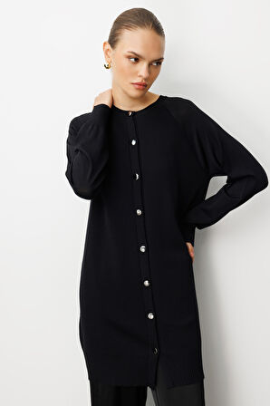 Mizalle Premium Rayon Uzun Düğmeli Siyah Hırka
