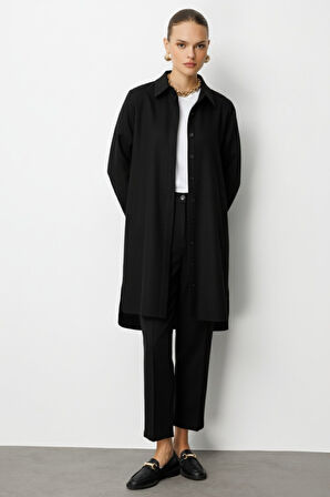 Mizalle Melanj Dokuma Siyah Uzun Tunik