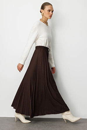 Mizalle Örme Krep Piliseli Maksi Kahverengi Etek