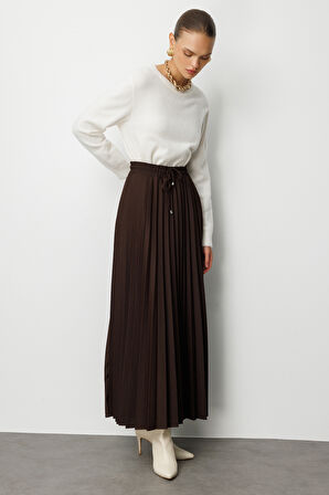 Mizalle Örme Krep Piliseli Maksi Kahverengi Etek