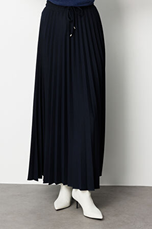 Mizalle Örme Krep Piliseli Maksi Lacivert Etek