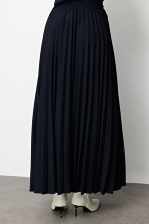 Mizalle Örme Krep Piliseli Maksi Lacivert Etek