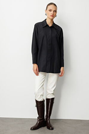 Mizalle Geniş Patlı Pamuklu Siyah Tunik