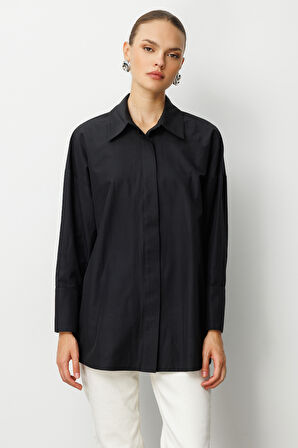 Mizalle Geniş Patlı Pamuklu Siyah Tunik