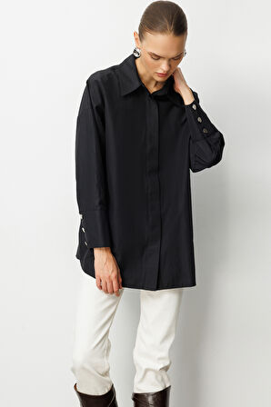 Mizalle Geniş Patlı Pamuklu Siyah Tunik