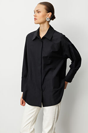 Mizalle Geniş Patlı Pamuklu Siyah Tunik