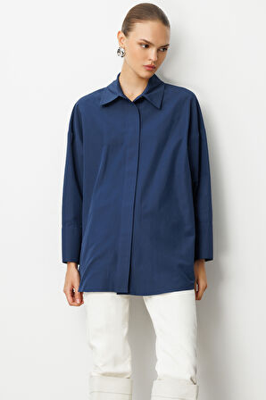 Mizalle Geniş Patlı Pamuklu Lacivert Tunik