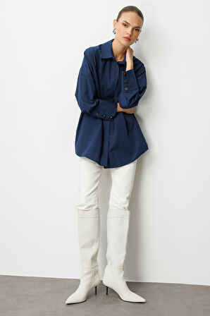 Mizalle Geniş Patlı Pamuklu Lacivert Tunik