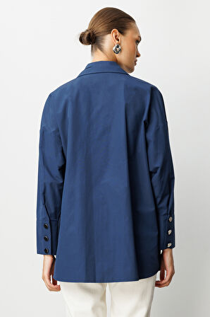 Mizalle Geniş Patlı Pamuklu Lacivert Tunik