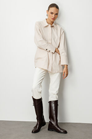 Mizalle Geniş Patlı Pamuklu Taş Rengi Tunik