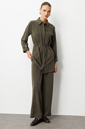 Mizalle Beli Büzgülü Haki Cupro Tunik