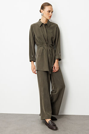 Mizalle Beli Büzgülü Haki Cupro Tunik