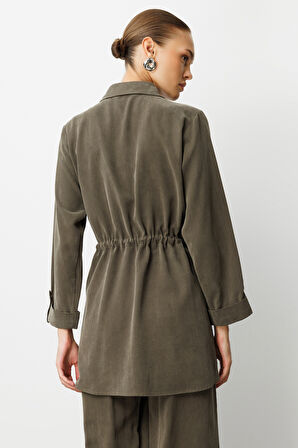 Mizalle Beli Büzgülü Haki Cupro Tunik