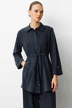 Mizalle Beli Büzgülü Siyah Cupro Tunik