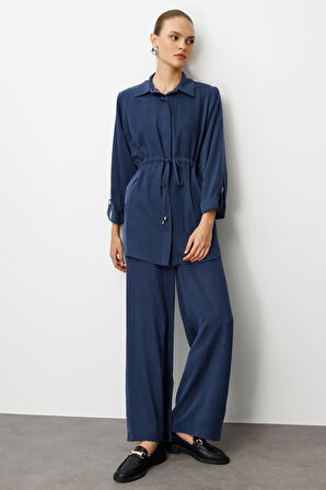 Mizalle Beli  Büzgülü İndigo Mavi Cupro Tunik