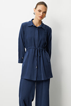 Mizalle Beli  Büzgülü İndigo Mavi Cupro Tunik