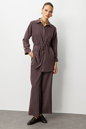 Mizalle Beli Büzgülü Kahverengi Cupro Tunik