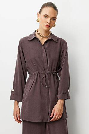 Mizalle Beli Büzgülü Kahverengi Cupro Tunik