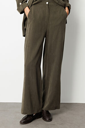 Mizalle Geniş Paça beli Lastikli  Haki Cupro Pantolon