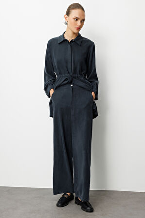 Mizalle Geniş Paça Beli Lastikli  Siyah Cupro Pantolon