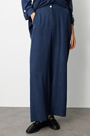 Mizalle Geniş Paça Beli Lastikli  İndigo Mavi Cupro Pantolon