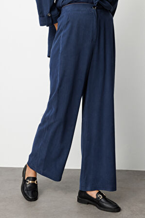 Mizalle Geniş Paça Beli Lastikli  İndigo Mavi Cupro Pantolon