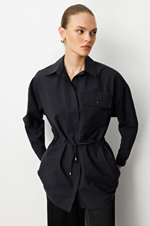 Mizalle Beli İp Büzgülü Siyah Paraşüt Trençkot Tunik