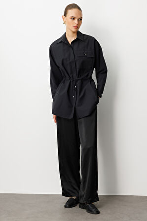 Mizalle Beli İp Büzgülü Siyah Paraşüt Trençkot Tunik