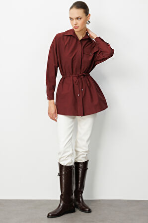 Mizalle Beli İp Büzgülü Bordo Paraşüt Trençkot Tunik