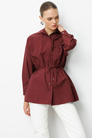 Mizalle Beli İp Büzgülü Bordo Paraşüt Trençkot Tunik