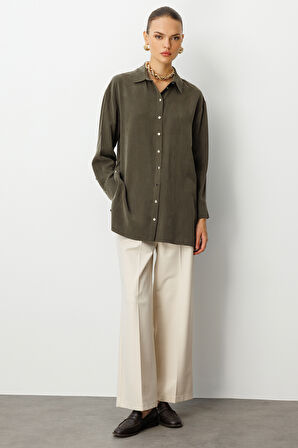 Mizalle Yan Düğmeli Haki Cupro Tunik