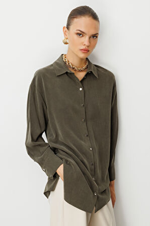 Mizalle Yan Düğmeli Haki Cupro Tunik