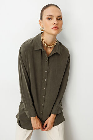 Mizalle Yan Düğmeli Haki Cupro Tunik