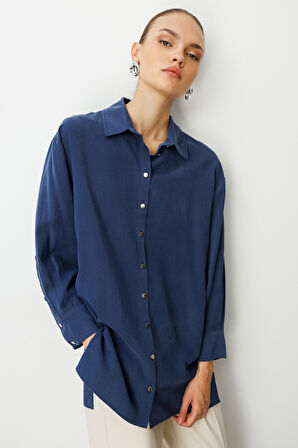 Mizalle Yan Düğmeli İndigo Mavi Cupro Tunik