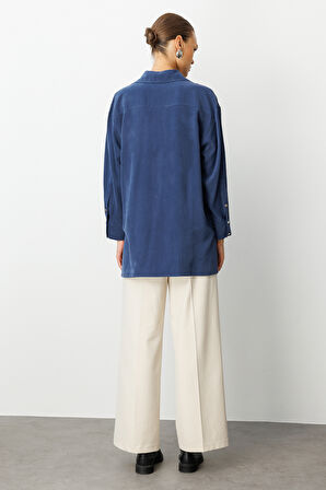 Mizalle Yan Düğmeli İndigo Mavi Cupro Tunik