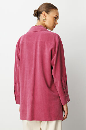 Mizalle Yan Düğmeli Mürdüm Cupro Tunik